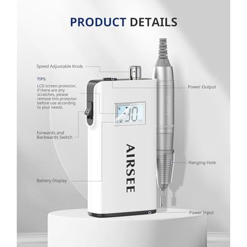 AIRSEE Nail Art Clean Up Brushes and E8 Rechargeable 30000RPM Electric Nail Drill