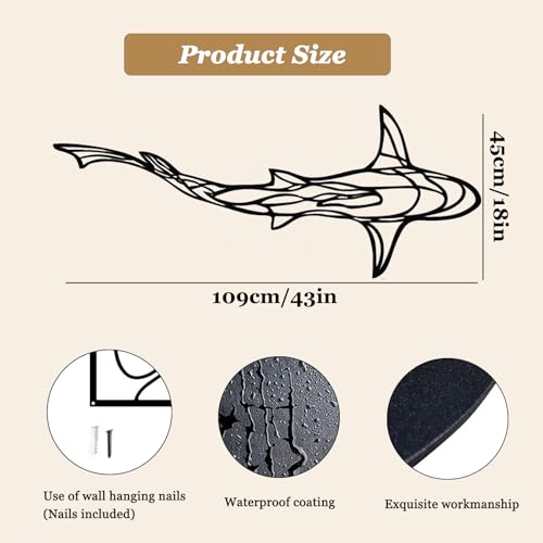 Large 3D Metal Shark Wall Decor Set - Ocean Fish Wall Art, Black, 2 Pieces