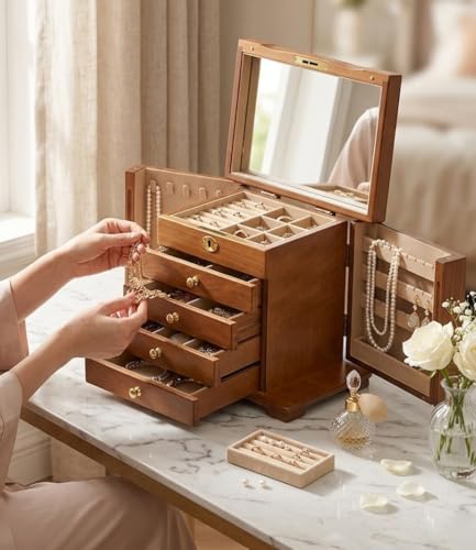 Wood Jewelry Box Organizer with Lockable Drawers & Mirror - 5 Compartments