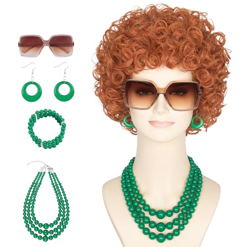 Green Jewelry Set with Glasses for Women Short Curly Red Brown Wig - Variation of THIS listing