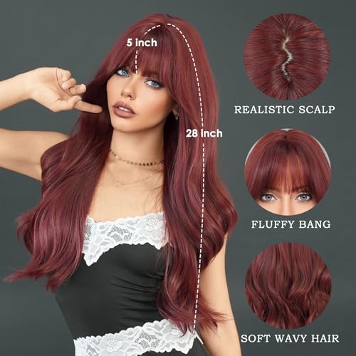 TRUMOST Wine Red Wavy Wig 28 Inch Burgundy Synthetic Heat-Resistant Hair for Women