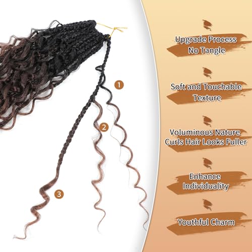 9 Packs 14 Inch Goddess Box Braids Crochet Hair with Curly Ends - Pre-Looped Boho Crochet Braid for Black Women, 1B/4/30#