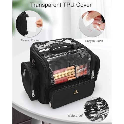Makeup Brush Bag, Clear Makeup Brush Holder with Lid, Extra Large Capacity Travel Cosmetic Bag Makeup Artist Must Haves, Black Makeup Case, Make Up Organizers and Storage, with Adjustable Dividers