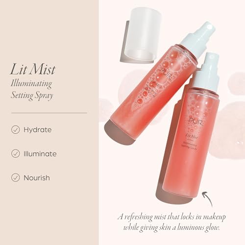 P?R MINERALS Lit Mist Illuminating Setting for Face - Long-Lasting Makeup Finishing - Lightweight Makeup Primer & Hydrating Setting Revitalizes Dull & Tired Skin, Light, Dewy Shimmer