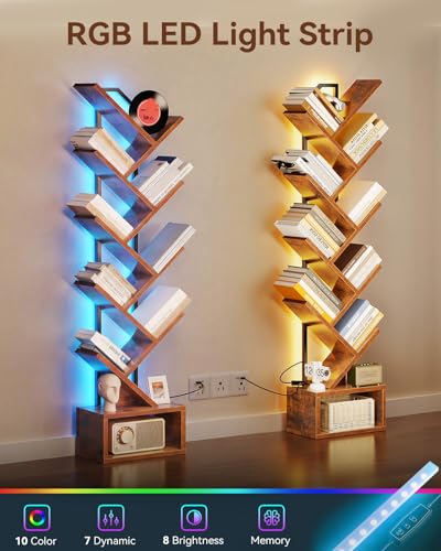 Small Vintage Tree Bookshelf with RGB LED Lights, 8-Tier Space-Saving Design