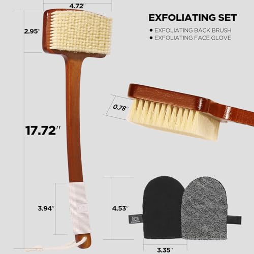 ICANdOIT Natural Boar Bristle Back Scrubber Bath Brush Set with Exfoliating Glove & Curved Bamboo Handle