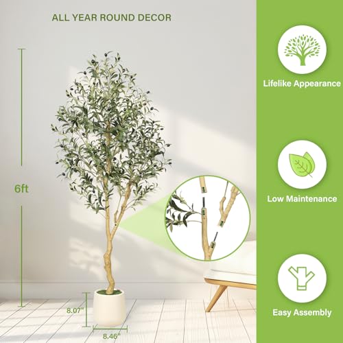 FEELEAD 6ft Artificial Olive Tree with Pre-Potted Planter - Indoor Home Decor