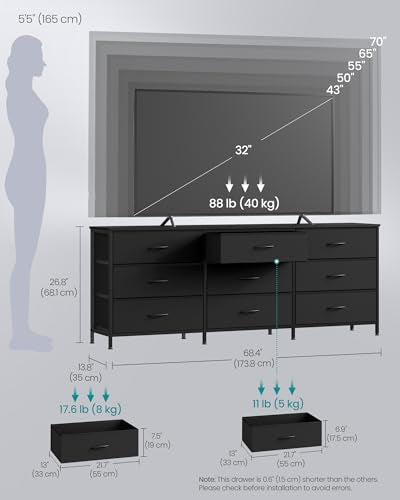 SONGMICS Dresser with 9 Fabric Drawers and TV Stand for 70-Inch TVs - Ink Black, 13.8 x 68.4 x 26.8 Inches