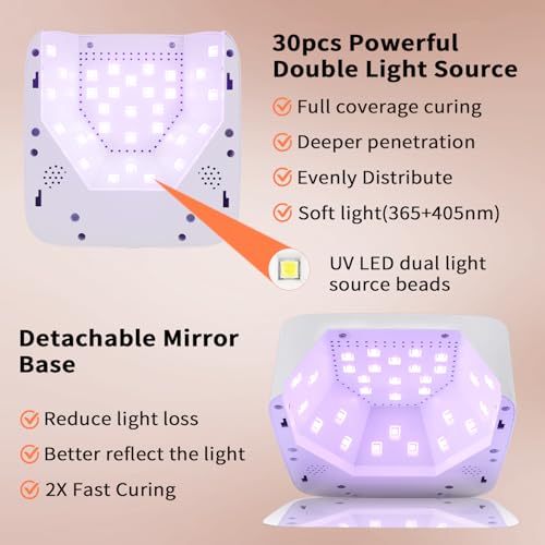 Cordless UV LED Nail Lamp,72W Rechargeable Nail Dryer for All Gel Nails with 5 Timers & Mirror Base,Touch Control & Auto Sensor,Ideal for Training,Nail Art Pratice,Home and Salon(White)