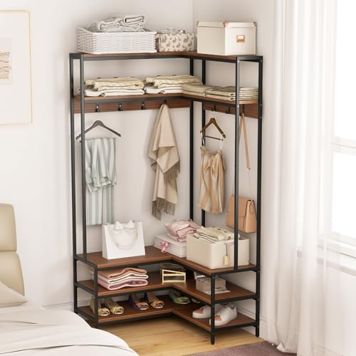 GIANTEX Walnut & Black Corner Coat Rack with Bench & Shoe Storage - L-Shaped Hall Tree
