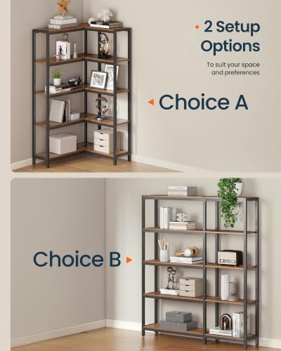 SONGMICS HOME 5-Tier Corner Shelf Rustic Brown - L-Shaped or Straight Bookshelf