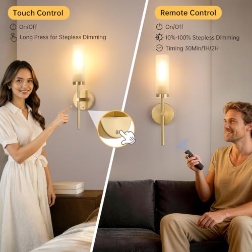 Battery Operated Wall Sconce Set - Gold & Opal Glass, 3 Color Temperatures & Remote