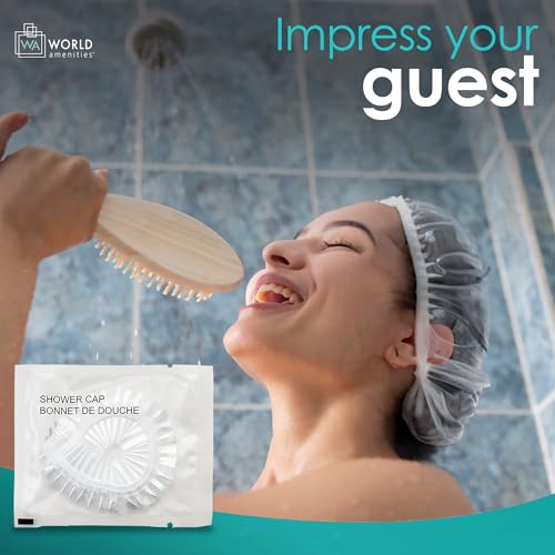 World Amenities Waterproof Shower Cap (Clear Frosted Sachet), Travel Size Hotel Amenities, Airbnb