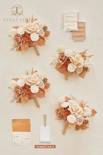 7-Inch Wedding Bouquets for Bridesmaid Set with Burnt Orange & Champagne Ribbons