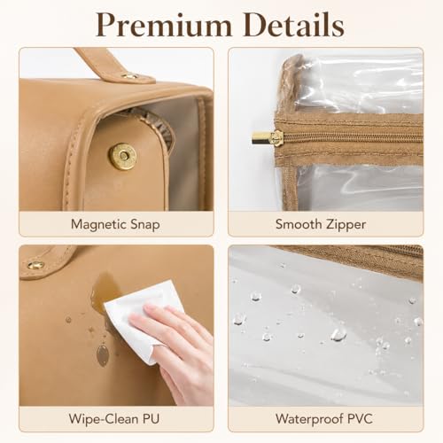 YDR Roll Up Makeup Bag for Women - 4 Detachable Clear Pouches, Hanging Travel Organizer - Brown