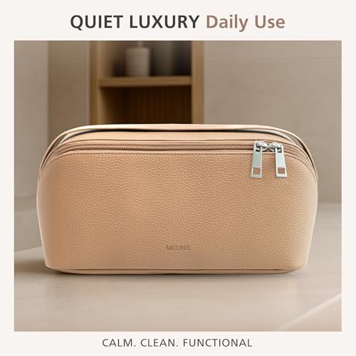 MELINE Travel Makeup Bag ? Large Capacity Cosmetic and Toiletry Organizer with Divider and Handle, Waterproof Flat-Open Design, Portable Pouch for Women (Taupe)