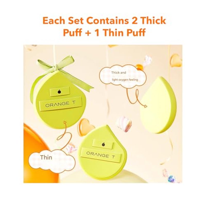 1 Set Orange T Puff Cushion Makeup Beauty Sponge Set, Thick & Thin Soft Makeup Foundation Puff With Case for Wet Use (Set B)