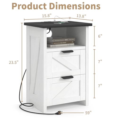 White Farmhouse Nightstand Set of 2 with Charging Station & Storage