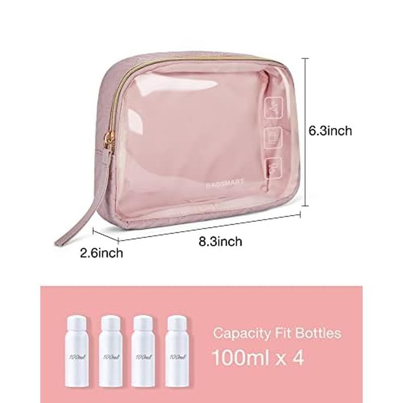 BAGSMART TSA Approved Toiletry Bag, 2 Pack Clear Makeup Cosmetic Bag Organizer, Quart Size Travel Bag for Toiletries, Carry-on Travel Accessories Essentials - Pink