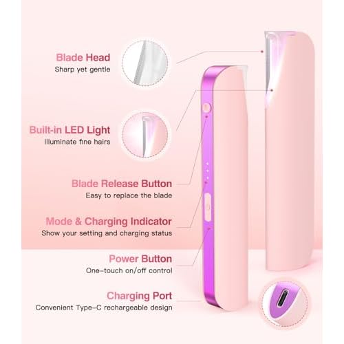 Sonic Dermaplane for Women Face, Dermaplane Razor for Women with LED Light, Rechargeable Facial Hair & Peach Fuzz Remover, 4 Refill Dermablades & 2 Microsmooth Exfoliation Tips, Pink