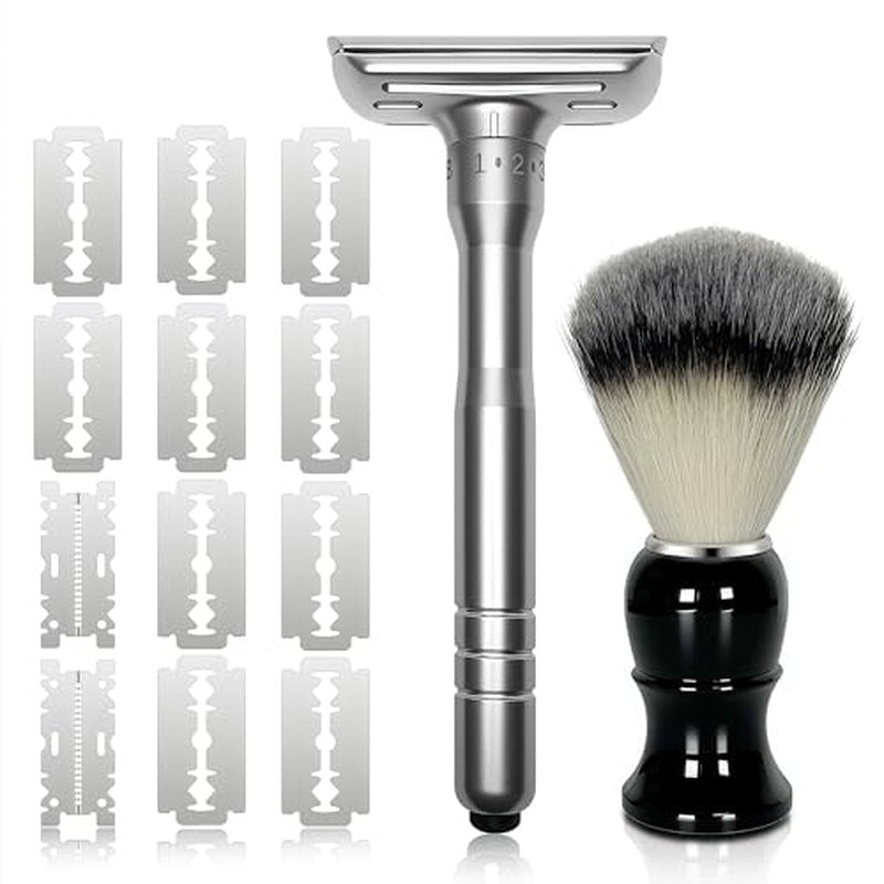 Adjustable Double Edge Safety Razor Shaving Kit for Men & Women - Shaving Brush, 10 Relacement Blades, Cleaning Brush & Razor Holder, Gift for Him, Boyfriend, Dad, Husband