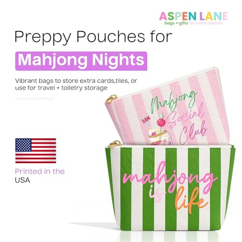 Aspen Lane Set of 2 Mahjong Tile Bags - Preppy Stripe Pink Cosmetic Pouch, 9"x7", Green Stripe Mahjong Gifts Mahjong Bag Mah Jongg Accessories,Mahjong Social Club Water Resistant