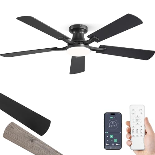 52-Inch Ceiling Fan with Lights Black Remote & App Control Flush Mount