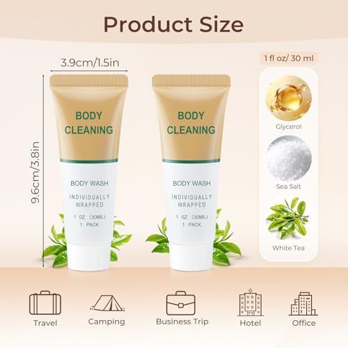 Mini Travel Body Wash, Individually Wrapped Travel Size Bulk 1 Shower Gel Set, Trial Sample Small Single Use Men Women Toiletries Amenities for Hotel/Camping/Vacation/Homeless 1 Fl Oz (Pack of 60)