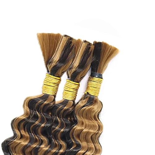 Highlight Brown Human Braiding Hair 14 Inch - B-Highlight Brown/Blonde P4/27, 3 Bundles, Deep Wave, Curly, No Weft
