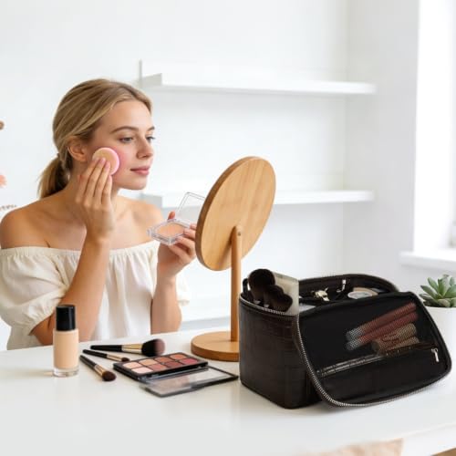 HiTotes Travel Makeup Bag Vanity Case for Women - Crocodile Leather, Coffee
