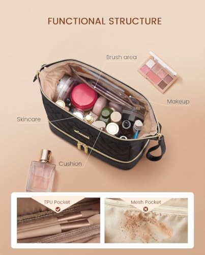 LOVEVOOK Travel Makeup Bag - Black Medium Double Layer Cosmetic Organizer