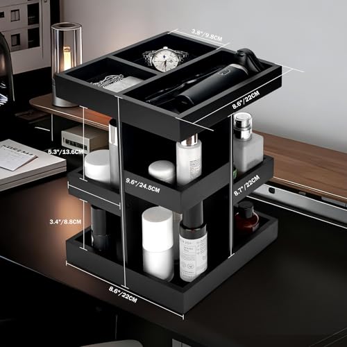 Cologne Organizer for Men, 3-Tier Wood Perfume Stand with Rotating Drawer, Large Capacity Storage for Desk Nightstand (Black)