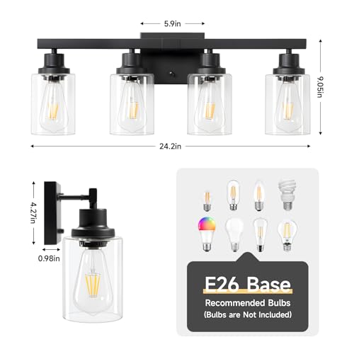 Black 4-Light Bathroom Vanity Light - Modern Matte Black Wall Sconce with Clear Glass Shades, Over Mirror, Bedroom & Living Room