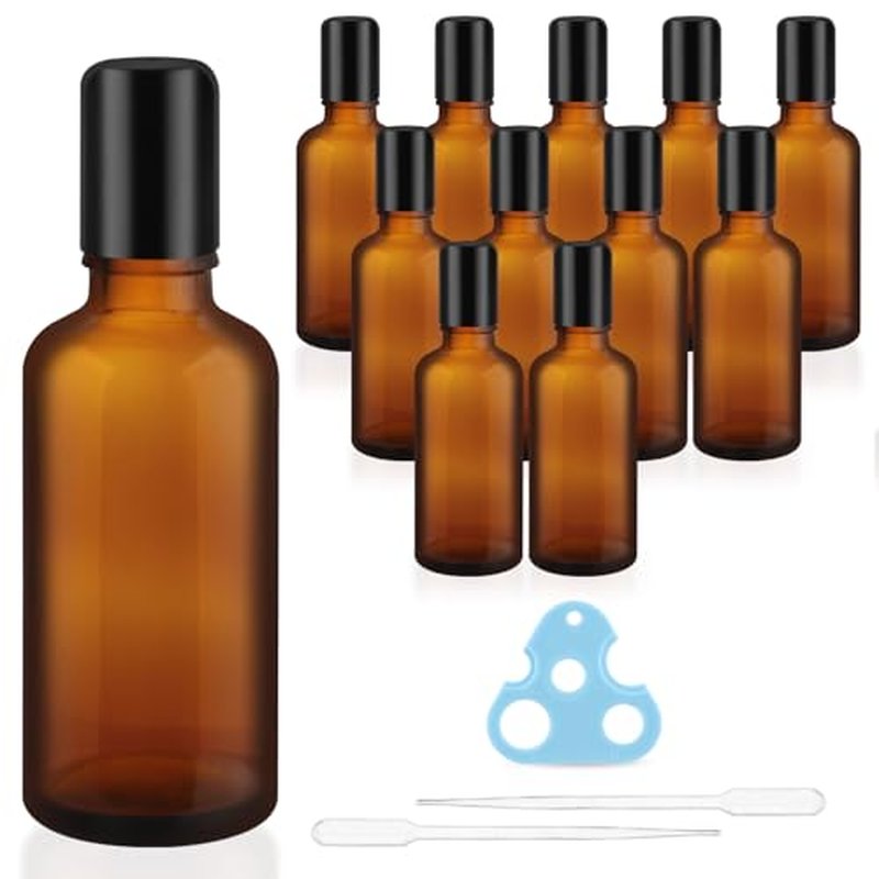 12 Pcs 50ml/1.7oz Amber Glass Essential Oil Bottles with Stainless Steel Roller Ball Refillable Roll-on Bottles Leak-proof Containers for Lotion Deodorant Massage Oil Perfume