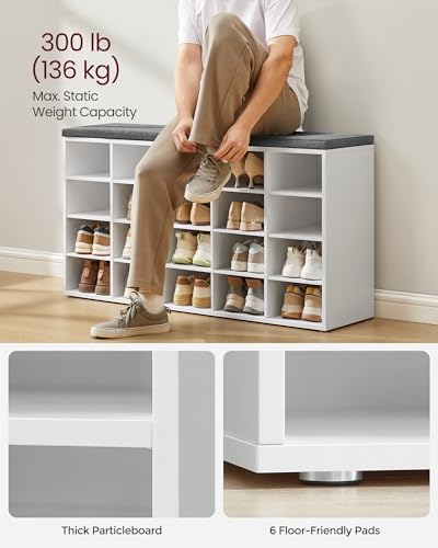 VASAGLE Shoe Storage Bench with Cushion, 20 Cubbies, White & Gray, 47.2 x 12 x 24.7 Inches
