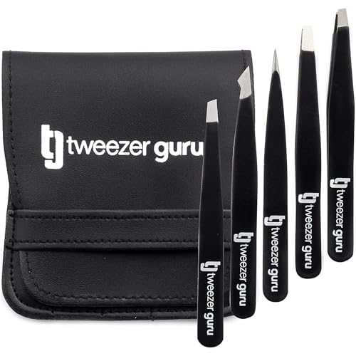 Tweezers Set 5-piece - Tweezer Guru Stainless Steel Slant Tip and Pointed Eyebrow Tweezer Set - Great Precision for Facial Hair, Ingrown Hair, Splinter and Blackhead Remover (Black) (5-Pack)