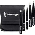 Tweezers Set 5-piece - Tweezer Guru Stainless Steel Slant Tip and Pointed Eyebrow Tweezer Set - Great Precision for Facial Hair, Ingrown Hair, Splinter and Blackhead Remover (Black) (5-Pack)