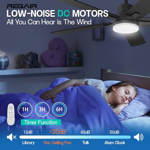 Matte Black 52-Inch Ceiling Fan with Light and Remote Control - Reversible DC Motor, Dimmable, Noiseless, Indoor & Outdoor