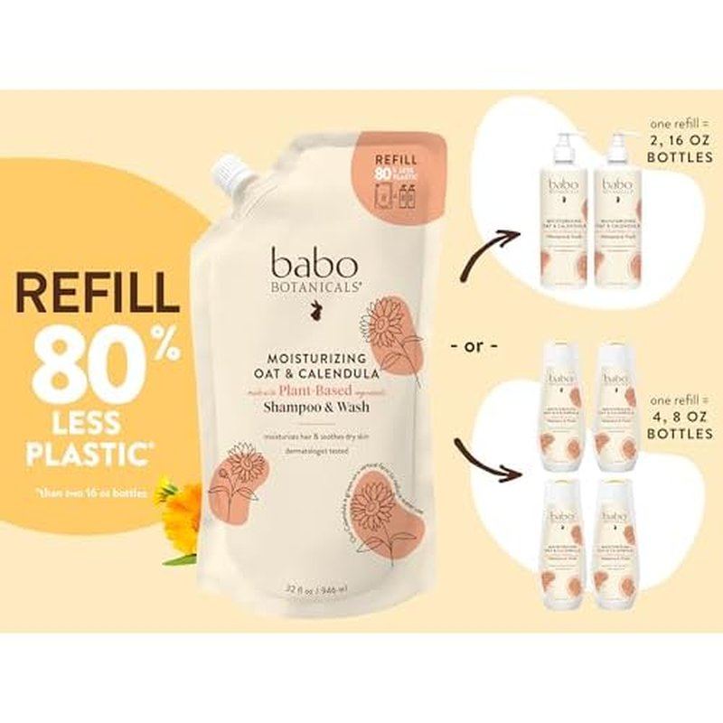 Babo Botanicals Moisturizing Oat & Calendula 2-in-1 Shampoo & Wash ? Gentle Cleansing for Dry or Sensitive Skin ? Safe for Baby, Toddler, Kids & Family ? Lightly Scented ? Vegan