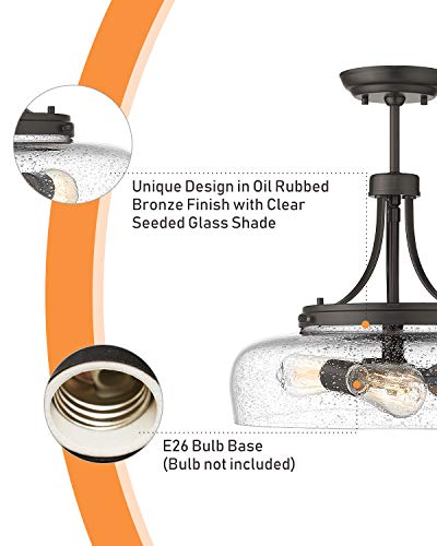 EAPUDUN Farmhouse Semi Flush Mount Ceiling Light - 3-Light Oil-Rubbed Bronze Pendant Fixture with Seeded Glass Shade