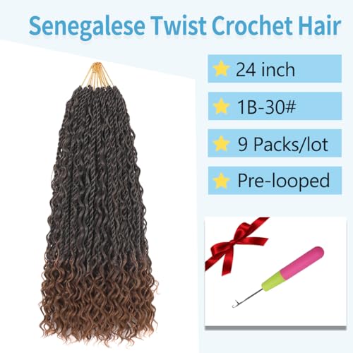 24 Inch Bohemian Senegalese Twist Crochet Hair with Curly Ends - Pre-Looped Goddess Braids for Black Women - Pack of 9, Color 1B/30#