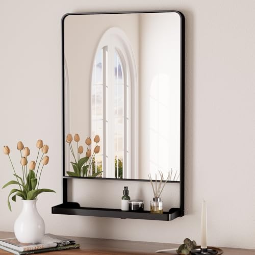 Bathroom Mirror with Shelf 18x28 Inch Black Wall Mount, Rust-Resistant - Variation of THIS listing