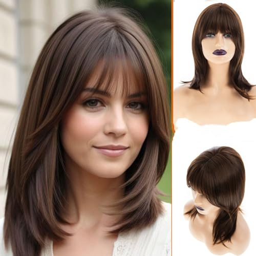 Wiwige Brown Long Straight Layered Wig with Bangs Synthetic Heat-Resistant for Women