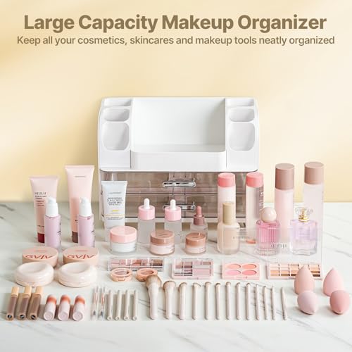 White Makeup Organizer with 2 Drawers & Brush Holders - Vanity Storage