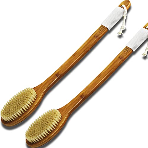 ICANdOIT 17.71 Inch Natural Boar Bristle Bath Brush with Pumice Set - Long Bent Handle, Anti-Slip Grip, 4 Pack
