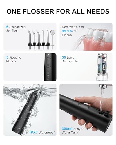 Water Flosser with 300ml Large Tank - 5 Modes, Cordless Oral Irrigator, High-Pressure Dental Cleaner Black