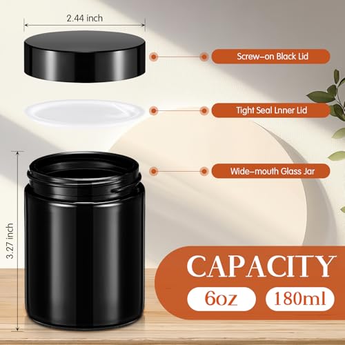 Domensi 24 Pcs 6oz Glass Jars with Lids Leakproof Round Airtight Empty Cosmetic Jars with Inner Liners Lid for Storing Lotions Spices Ointments Candle Making Food Storage (Black)