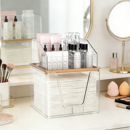 Clear 2 Pack Disposable Facial Towel Holder & Cosmetic Organizer with Bamboo Lid
