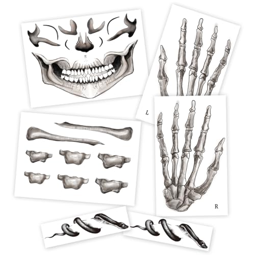 6-Pack Skull and Bone Temporary Tattoos for Men and Women, Adults ? Skeleton Face, Hand, Snake, and Collarbone Tattoos for Halloween Costume Cosplay and Party Makeup, Face Sticker