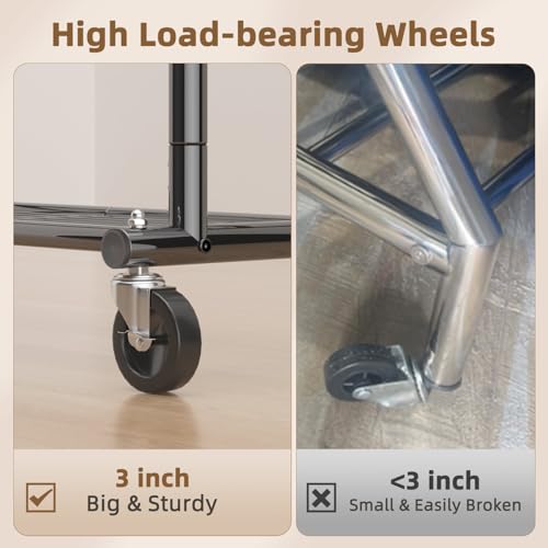 Black Heavy Duty Clothes Rack with 2 Shelves - 556 lbs Capacity, Adjustable Height & Wheels